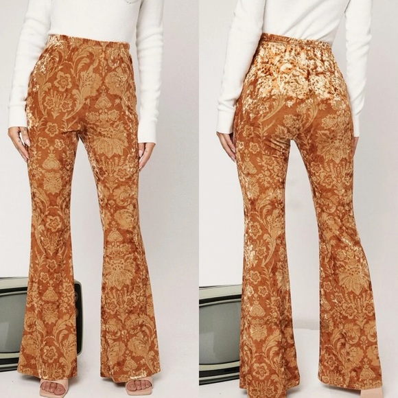 Pants - Boho 70s vintage style high waisted flared pants yellow damask velvet